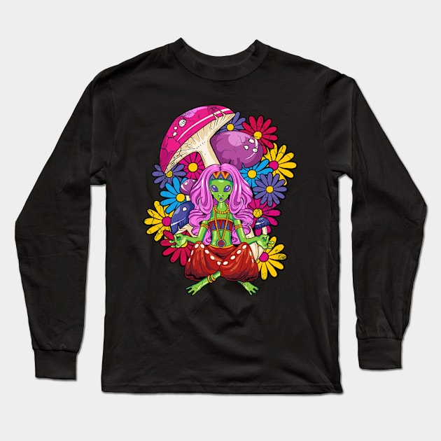 Hippie Alien Girl Yoga Meditate Mushrooms Psychedelic Long Sleeve T-Shirt by E